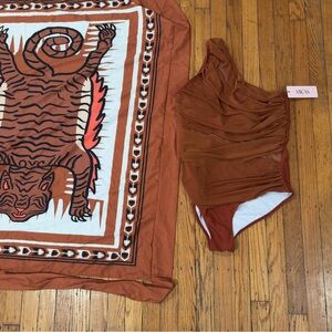 NWT Rust Brown One Shoulder Swimsuit w/ Ruched Bodice & Tiger Print Sarong